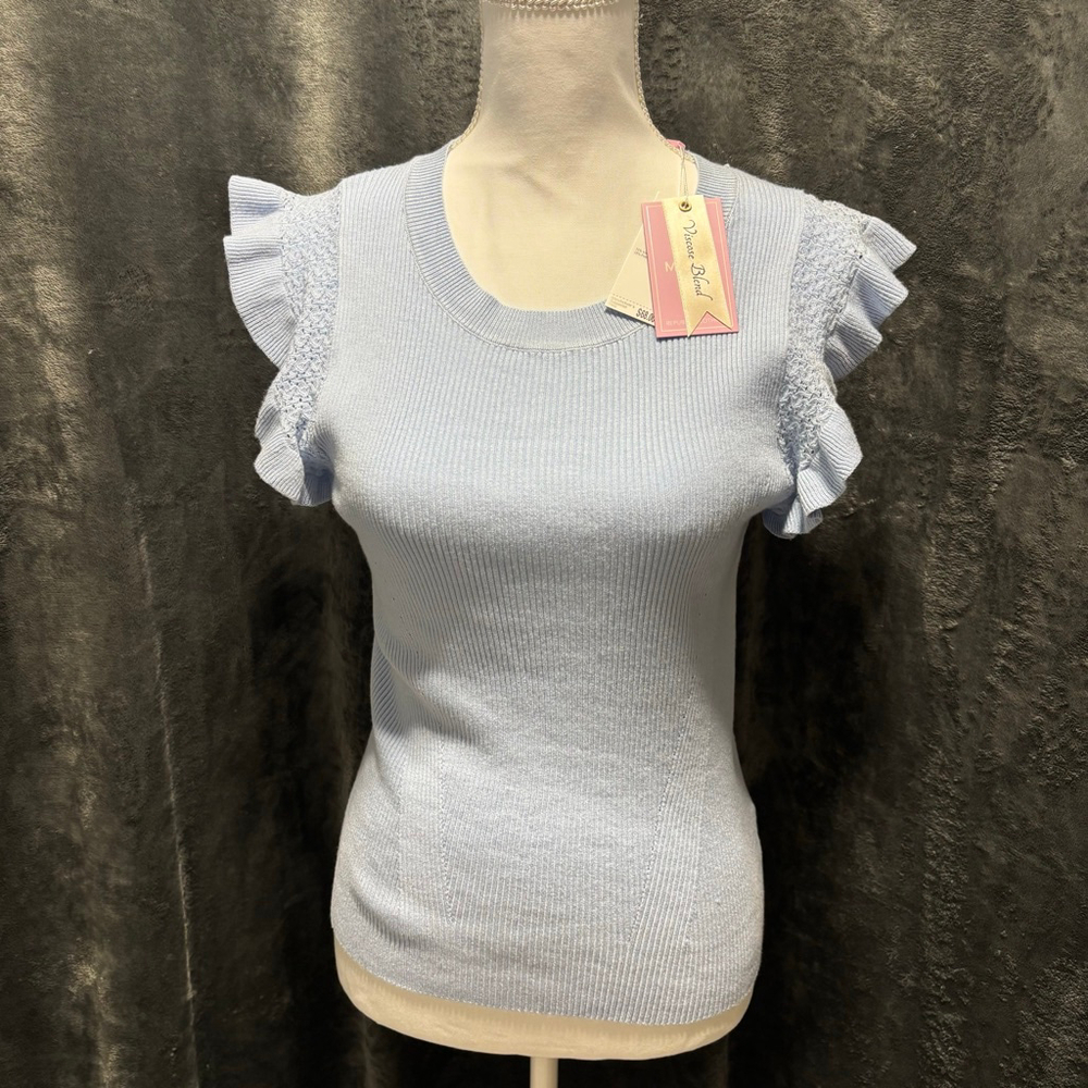 NWT Muse Ribbed Knit Top w/Ruffle Sleeve Light Blue Top Viscose Blend Size Large